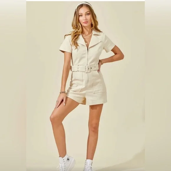 Beige Belted Denim Romper - Picture 3 of 3